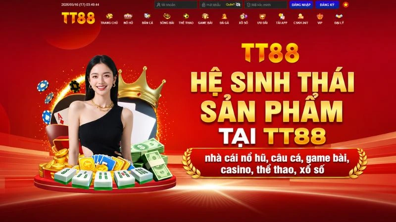 Hệ sinh thái sản phẩm TT88 gồm thể thao casino game bài nổ hũ xổ số